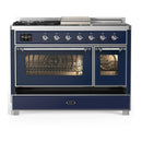 ILVE Majestic III 48-inch Dual Fuel Range with 5 Liquid Propane Burner, Griddle, French Top and Triple Glass Door Electric Oven in Midnight Blue with Chrome Trim (UM48FSNR3MBCLP)