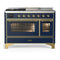 ILVE Majestic III 48-inch Dual Fuel Range with 5 Natural Gas Burner, Griddle, French Top and Triple Glass Door Electric Oven in Blue Grey with Brass Trim (UM48FSNR3MBG)
