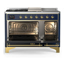 ILVE Majestic III 48-inch Dual Fuel Range with 5 Natural Gas Burner, Griddle, French Top and Triple Glass Door Electric Oven in Blue Grey with Brass Trim (UM48FSNR3MBG)