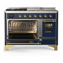 ILVE Majestic III 48-inch Dual Fuel Range with 5 Natural Gas Burner, Griddle, French Top and Triple Glass Door Electric Oven in Blue Grey with Brass Trim (UM48FSNR3MBG)