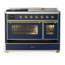 ILVE Majestic III 48-inch Dual Fuel Range with 5 Liquid Propane Burner, Griddle, French Top and Triple Glass Door Electric Oven in Blue Grey with Brass Trim (UM48FSNR3MBGLP)