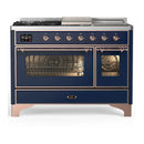 ILVE Majestic III 48-inch Dual Fuel Range with 5 Natural Gas Burner, Griddle, French Top and Triple Glass Door Electric Oven in Midnight Blue with Copper Trim (UM48FSNR3MBP)