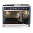 ILVE Majestic III 48-inch Dual Fuel Range with 5 Natural Gas Burner, Griddle, French Top and Triple Glass Door Electric Oven in Midnight Blue with Copper Trim (UM48FSNR3MBP)