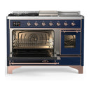 ILVE Majestic III 48-inch Dual Fuel Range with 5 Natural Gas Burner, Griddle, French Top and Triple Glass Door Electric Oven in Midnight Blue with Copper Trim (UM48FSNR3MBP)