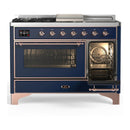 ILVE Majestic III 48-inch Dual Fuel Range with 5 Natural Gas Burner, Griddle, French Top and Triple Glass Door Electric Oven in Midnight Blue with Copper Trim (UM48FSNR3MBP)