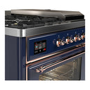ILVE Majestic III 48-inch Dual Fuel Range with 5 Natural Gas Burner, Griddle, French Top and Triple Glass Door Electric Oven in Midnight Blue with Copper Trim (UM48FSNR3MBP)