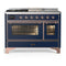 ILVE Majestic III 48-inch Dual Fuel Range with 5 Natural Gas Burner, Griddle, French Top and Triple Glass Door Electric Oven in Midnight Blue with Copper Trim (UM48FSNR3MBP)