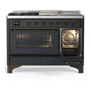 ILVE Majestic III 48-inch Dual Fuel Range with 5 Natural Gas Burner, Griddle, French Top and Triple Glass Door Electric Oven in Graphite Matte with Burnished Trim (UM48FSNR3MGB)