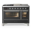ILVE Majestic III 48-inch Dual Fuel Range with 5 Natural Gas Burner, Griddle, French Top and Triple Glass Door Electric Oven in Graphite Matte with Chrome Trim (UM48FSNR3MGC)