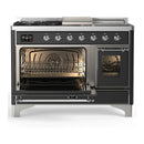 ILVE Majestic III 48-inch Dual Fuel Range with 5 Natural Gas Burner, Griddle, French Top and Triple Glass Door Electric Oven in Graphite Matte with Chrome Trim (UM48FSNR3MGC)
