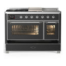 ILVE Majestic III 48-inch Dual Fuel Range with 5 Natural Gas Burner, Griddle, French Top and Triple Glass Door Electric Oven in Graphite Matte with Chrome Trim (UM48FSNR3MGC)