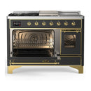 ILVE Majestic III 48-inch Dual Fuel Range with 5 Natural Gas Burner, Griddle, French Top and Triple Glass Door Electric Oven in Graphite Matte with Brass Trim (UM48FSNR3MGG)