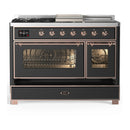 ILVE Majestic III 48-inch Dual Fuel Range with 5 Liquid Propane Burner, Griddle, French Top and Triple Glass Door Electric Oven in Graphite Matte with Copper Trim (UM48FSNR3MGPLP)
