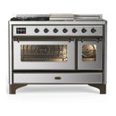 ILVE Majestic III 48-inch Dual Fuel Range with 5 Natural Gas Burner, Griddle, French Top and Triple Glass Door Electric Oven in Stainless Steel with Burnished Trim (UM48FSNR3SSB)
