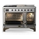 ILVE Majestic III 48-inch Dual Fuel Range with 5 Natural Gas Burner, Griddle, French Top and Triple Glass Door Electric Oven in Stainless Steel with Burnished Trim (UM48FSNR3SSB)
