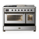 ILVE Majestic III 48-inch Dual Fuel Range with 5 Natural Gas Burner, Griddle, French Top and Triple Glass Door Electric Oven in Stainless Steel with Burnished Trim (UM48FSNR3SSB)