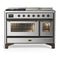 ILVE Majestic III 48-inch Dual Fuel Range with 5 Natural Gas Burner, Griddle, French Top and Triple Glass Door Electric Oven in Stainless Steel with Burnished Trim (UM48FSNR3SSB)