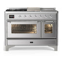 ILVE Majestic III 48-inch Dual Fuel Range with 5 Natural Gas Burner, Griddle, French Top and Triple Glass Door Electric Oven in Stainless Steel with Chrome Trim (UM48FSNR3SSC)