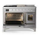 ILVE Majestic III 48-inch Dual Fuel Range with 5 Natural Gas Burner, Griddle, French Top and Triple Glass Door Electric Oven in Stainless Steel with Chrome Trim (UM48FSNR3SSC)