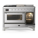ILVE Majestic III 48-inch Dual Fuel Range with 5 Natural Gas Burner, Griddle, French Top and Triple Glass Door Electric Oven in Stainless Steel with Chrome Trim (UM48FSNR3SSC)
