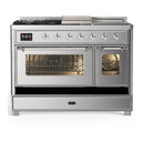 ILVE Majestic III 48-inch Dual Fuel Range with 5 Natural Gas Burner, Griddle, French Top and Triple Glass Door Electric Oven in Stainless Steel with Chrome Trim (UM48FSNR3SSC)