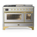 ILVE Majestic III 48-inch Dual Fuel Range with 5 Natural Gas Burner, Griddle, French Top and Triple Glass Door Electric Oven in Stainless Steel with Brass Trim (UM48FSNR3SSG)