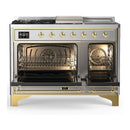 ILVE Majestic III 48-inch Dual Fuel Range with 5 Liquid Propane Burner, Griddle, French Top and Triple Glass Door Electric Oven in Stainless Steel with Brass Trim (UM48FSNR3SSGLP)