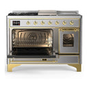 ILVE Majestic III 48-inch Dual Fuel Range with 5 Natural Gas Burner, Griddle, French Top and Triple Glass Door Electric Oven in Stainless Steel with Brass Trim (UM48FSNR3SSG)