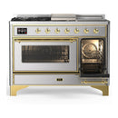 ILVE Majestic III 48-inch Dual Fuel Range with 5 Natural Gas Burner, Griddle, French Top and Triple Glass Door Electric Oven in Stainless Steel with Brass Trim (UM48FSNR3SSG)