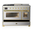 ILVE Majestic III 48-inch Dual Fuel Range with 5 Natural Gas Burner, Griddle, French Top and Triple Glass Door Electric Oven in Stainless Steel with Brass Trim (UM48FSNR3SSG)