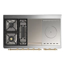 ILVE Majestic III 48-inch Dual Fuel Range with 5 Natural Gas Burner, Griddle, French Top and Triple Glass Door Electric Oven in Stainless Steel with Brass Trim (UM48FSNR3SSG)
