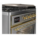 ILVE Majestic III 48-inch Dual Fuel Range with 5 Natural Gas Burner, Griddle, French Top and Triple Glass Door Electric Oven in Stainless Steel with Brass Trim (UM48FSNR3SSG)