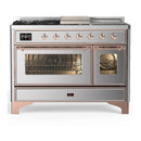 ILVE Majestic III 48-inch Dual Fuel Range with 5 Natural Gas Burner, Griddle, French Top and Triple Glass Door Electric Oven in Stainless Steel with Copper Trim (UM48FSNR3SSP)