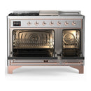 ILVE Majestic III 48-inch Dual Fuel Range with 5 Natural Gas Burner, Griddle, French Top and Triple Glass Door Electric Oven in Stainless Steel with Copper Trim (UM48FSNR3SSP)