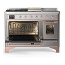 ILVE Majestic III 48-inch Dual Fuel Range with 5 Natural Gas Burner, Griddle, French Top and Triple Glass Door Electric Oven in Stainless Steel with Copper Trim (UM48FSNR3SSP)