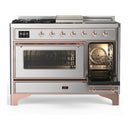 ILVE Majestic III 48-inch Dual Fuel Range with 5 Natural Gas Burner, Griddle, French Top and Triple Glass Door Electric Oven in Stainless Steel with Copper Trim (UM48FSNR3SSP)
