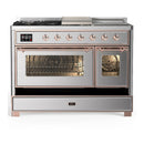 ILVE Majestic III 48-inch Dual Fuel Range with 5 Natural Gas Burner, Griddle, French Top and Triple Glass Door Electric Oven in Stainless Steel with Copper Trim (UM48FSNR3SSP)