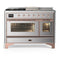 ILVE Majestic III 48-inch Dual Fuel Range with 5 Natural Gas Burner, Griddle, French Top and Triple Glass Door Electric Oven in Stainless Steel with Copper Trim (UM48FSNR3SSP)