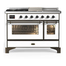 ILVE Majestic III 48-inch Dual Fuel Range with 5 Natural Gas Burner, Griddle, French Top and Triple Glass Door Electric Oven in White with Burnished Trim (UM48FSNR3WHB)