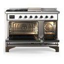 ILVE Majestic III 48-inch Dual Fuel Range with 5 Natural Gas Burner, Griddle, French Top and Triple Glass Door Electric Oven in White with Burnished Trim (UM48FSNR3WHB)