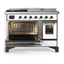 ILVE Majestic III 48-inch Dual Fuel Range with 5 Natural Gas Burner, Griddle, French Top and Triple Glass Door Electric Oven in White with Burnished Trim (UM48FSNR3WHB)