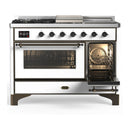 ILVE Majestic III 48-inch Dual Fuel Range with 5 Natural Gas Burner, Griddle, French Top and Triple Glass Door Electric Oven in White with Burnished Trim (UM48FSNR3WHB)