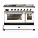 ILVE Majestic III 48-inch Dual Fuel Range with 5 Natural Gas Burner, Griddle, French Top and Triple Glass Door Electric Oven in White with Burnished Trim (UM48FSNR3WHB)