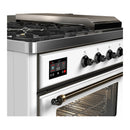 ILVE Majestic III 48-inch Dual Fuel Range with 5 Natural Gas Burner, Griddle, French Top and Triple Glass Door Electric Oven in White with Burnished Trim (UM48FSNR3WHB)