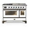 ILVE Majestic III 48-inch Dual Fuel Range with 5 Natural Gas Burner, Griddle, French Top and Triple Glass Door Electric Oven in White with Burnished Trim (UM48FSNR3WHB)