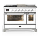 ILVE Majestic III 48-inch Dual Fuel Range with 5 Natural Gas Burner, Griddle, French Top and Triple Glass Door Electric Oven in White with Chrome Trim (UM48FSNR3WHC)