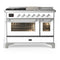 ILVE Majestic III 48-inch Dual Fuel Range with 5 Natural Gas Burner, Griddle, French Top and Triple Glass Door Electric Oven in White with Chrome Trim (UM48FSNR3WHC)