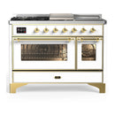ILVE Majestic III 48-inch Dual Fuel Range with 5 Natural Gas Burner, Griddle, French Top and Triple Glass Door Electric Oven in White with Brass Trim (UM48FSNR3WHG)