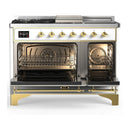 ILVE Majestic III 48-inch Dual Fuel Range with 5 Natural Gas Burner, Griddle, French Top and Triple Glass Door Electric Oven in White with Brass Trim (UM48FSNR3WHG)