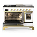 ILVE Majestic III 48-inch Dual Fuel Range with 5 Natural Gas Burner, Griddle, French Top and Triple Glass Door Electric Oven in White with Brass Trim (UM48FSNR3WHG)